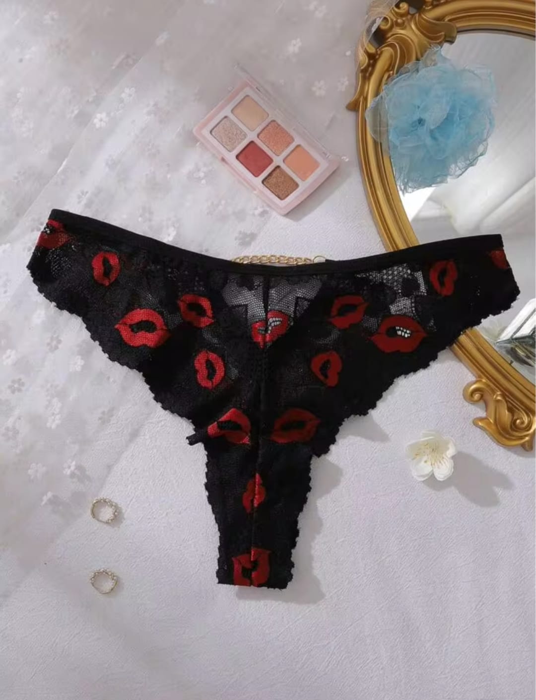 Women’s Black Lace Brief Panty with Red Lip Pattern